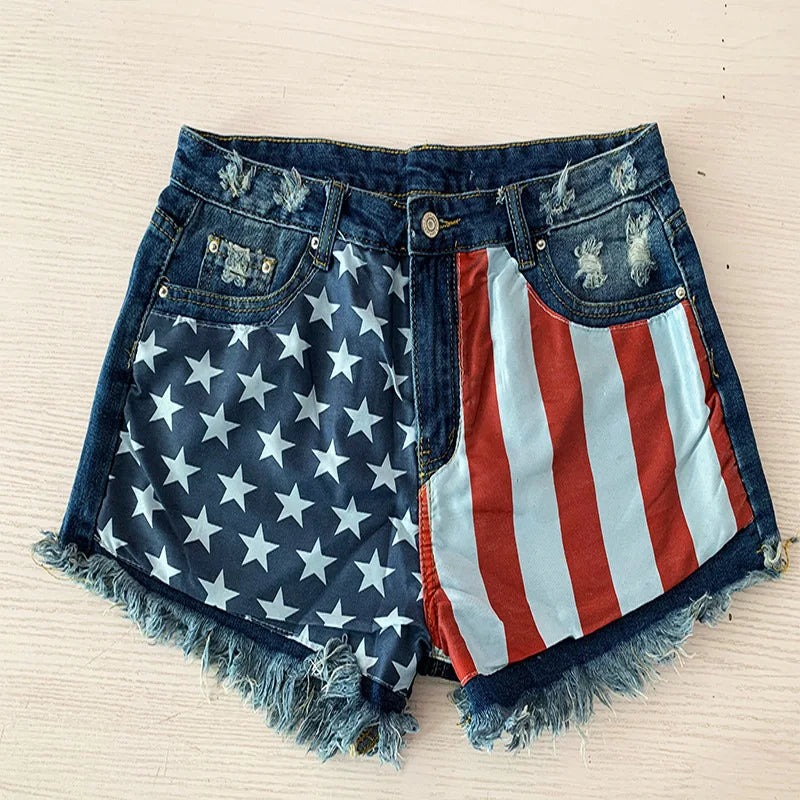 Denim Shorts Women Jeans Knee Length Pentagram Print Tassels Mid Waist Washed Distressed 2025 Streetwear Summer Short Pants